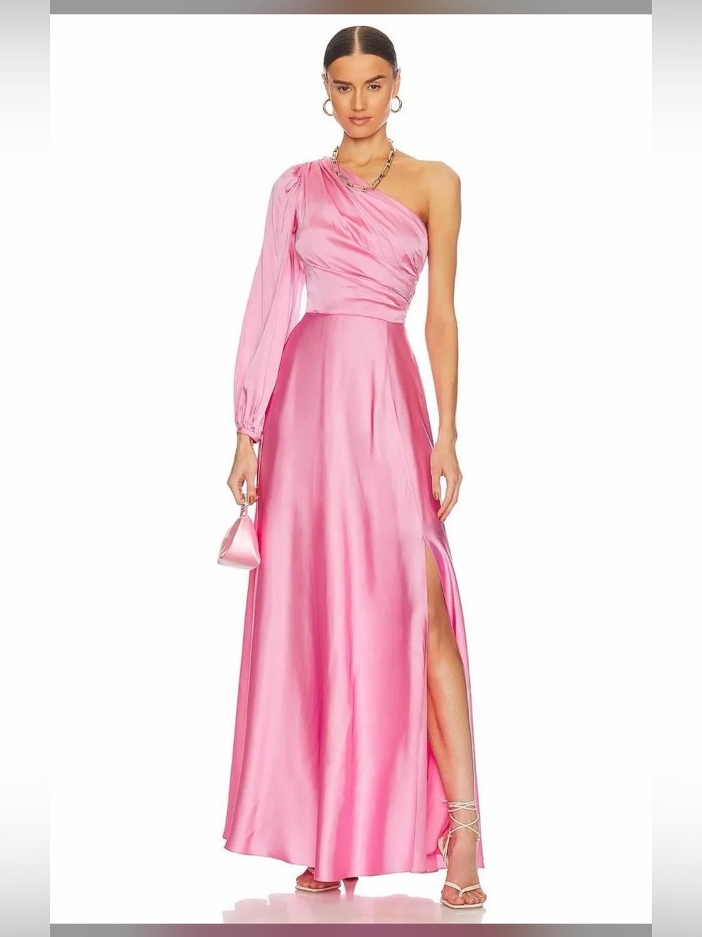 AMUR Pink One-Shoulder Satin Gown with Long Sleeve